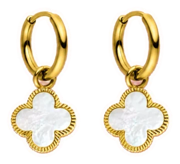 Sticker der Elise Pearl Ohrringe: kleine goldene Creolen mit Kleeblatt aus Perlmutt.